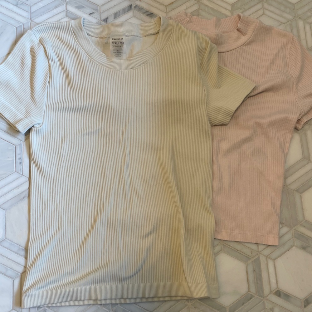 Aritzia Short Sleeve Ribbed Tees - Cream and Pink